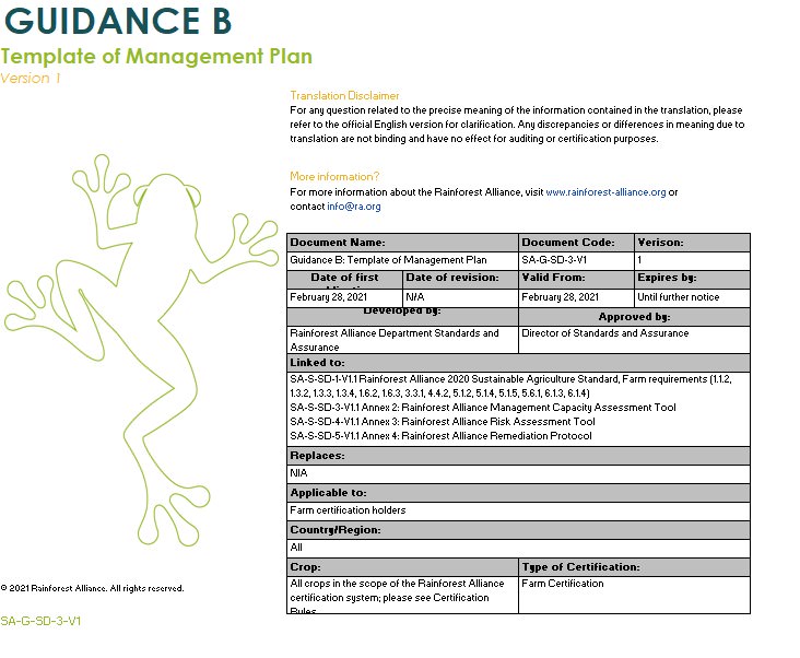 Guidance B: Template Of Management Plan | Rainforest Alliance For Business