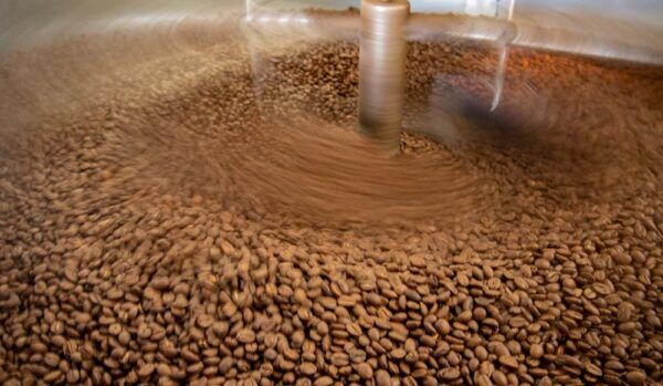 coffee beans spinning in a roaster