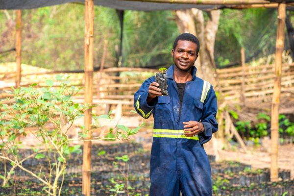 A smiling man holds tree seedling